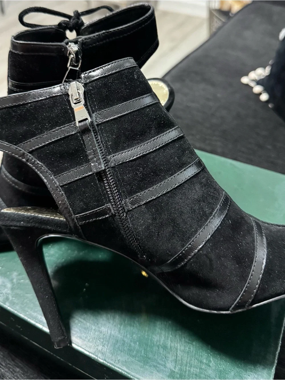 Lauren Ralph Lauren Black Suede Peep-Toe Lace-Back Booties